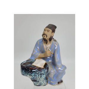 Chinese Shiwan Mudman Scholar Writer Scribe Figurine Glazed Clay Art Pottery 4.5
